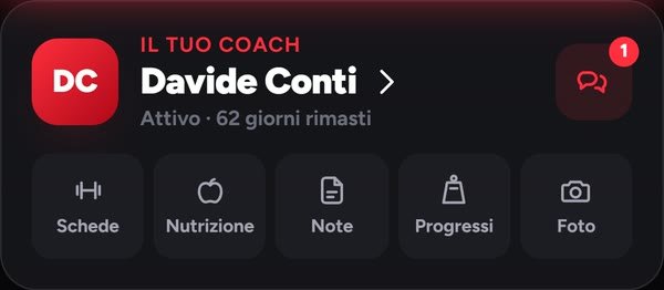 La card del tuo coach nella home dell'app, con dati di esempio: coach attivo e giorni rimasti