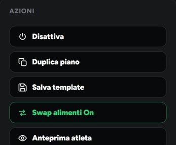 Le azioni del piano alimentare: disattiva, duplica il piano, salva template e Swap alimenti attivo